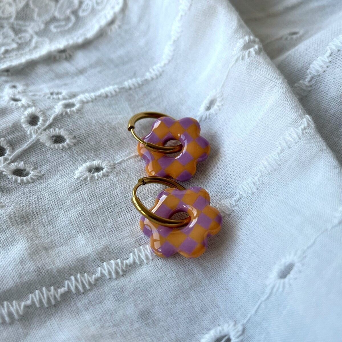 Créoles Flora - Damier mauve/orange